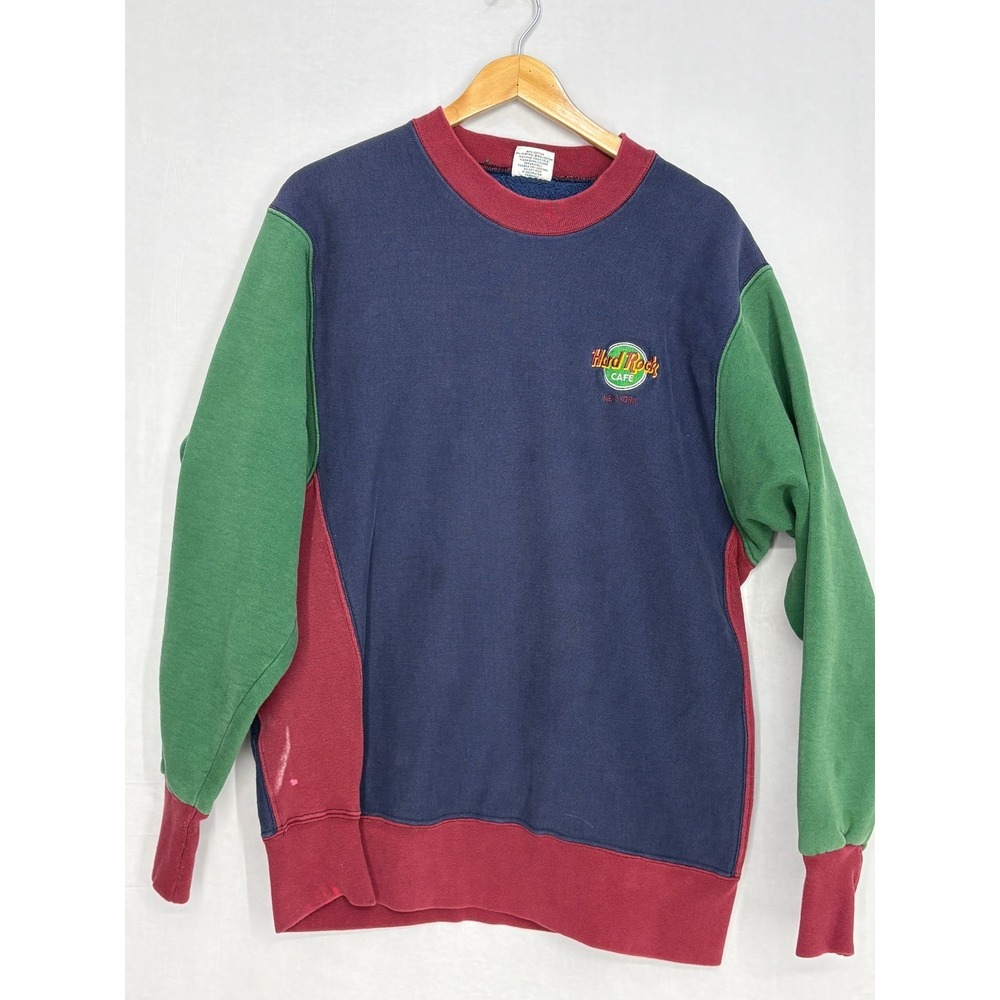 Hard Rock Cafe Sweatshirt Mens Multicolor Colorblock Fleece‎ Vintage 90s Large
